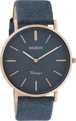 Oozoo Vintage Armbanduhr mit Glitzer Lederband 40 MM Rose / Dunkelblau / Dunkelblau C20163