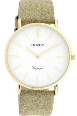 Oozoo Vintage Armbanduhr mit Glitzer Lederband 40 MM Goldfarben / Weiß / Goldfarben C20148