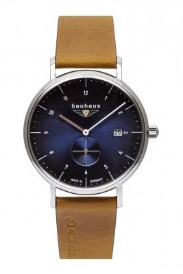 Bauhaus Herrenuhr mit Lederband Quarz Datum dezentrale Sekunde Blau / Braun 2130-3