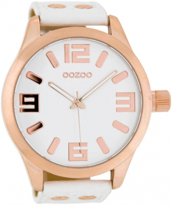 Oozoo XXL Armbanduhr Basic Line mit Lederband 52 MM Rose / Weiß / Weiß C1100