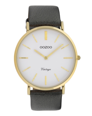 Oozoo Vintage Damenuhr mit Lederband Flach 40 MM Goldfarben / Weiß / Silbergrau C20077