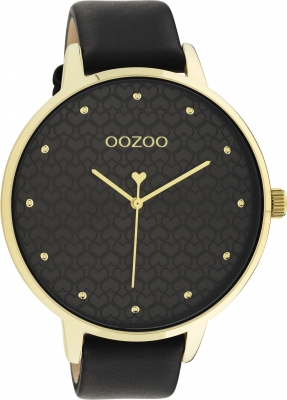 Oozoo Damenuhr mit Lederband 48 MM Goldfarben / Herz Zifferblatt / Schwarz C11039