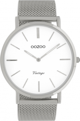 Oozoo Vintage Armbanduhr mit Edelstahl Milanaise Metallband 44 MM Weiß / Silberfarben C9900