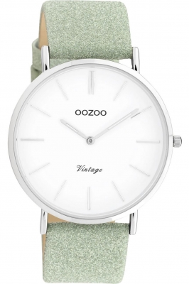 Oozoo Vintage Armbanduhr mit Glitzer Lederband 40 MM Silberfarben / Weiß / Hellgrün C20146