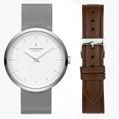 Nordgreen Native Armbanduhr Set 36 mm Silberfarben Weiß mit Milanaiseband und Lederband NR36SIXXMESI