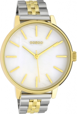Oozoo Damenuhr mit Edelstahl Glieder Armband 42 MM Goldfarben / Perlmutt Weiß / BiColor C10621