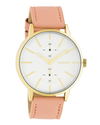 Oozoo Unisex Armbanduhr Chrono Look mit Lederband 42 MM Goldfarben / Puderrosa C10588