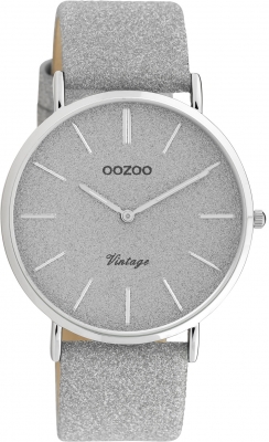 Oozoo Vintage Armbanduhr mit Glitzer Lederband 40 MM Silbergrau / Silbergrau C20160