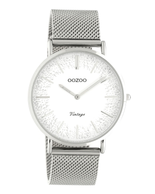 Oozoo Vintage Damenuhr mit Metallband 40 MM Weiß Glitzer / Silberfarben C20133