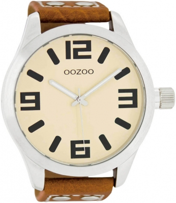 Oozoo XXL Armbanduhr Basic Line mit Lederband 52 MM Creme / Cognac C1002