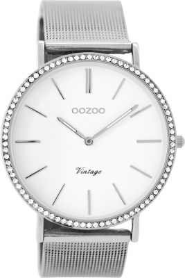Oozoo Vintage Armbanduhr mit Edelstahl Milanaiseband 40 MM Strass / Weiß / Silberfarben C8890