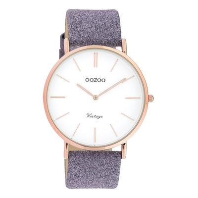 Oozoo Vintage Armbanduhr mit Glitzer Lederband 40 MM Rosegoldfarben / Weiß / Violett C20152