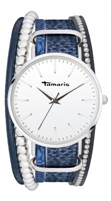 Tamaris Damenuhr Anna mit Schmuck Lederband 34 MM Silberfarben / Blau TW102