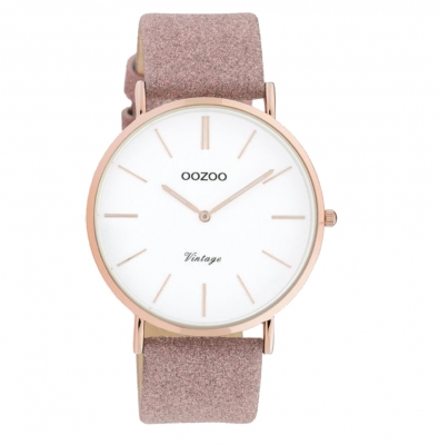 Oozoo Vintage Armbanduhr mit Glitzer Lederband 40 MM Rosegoldfarben / Weiß / Pinkgrau C20150