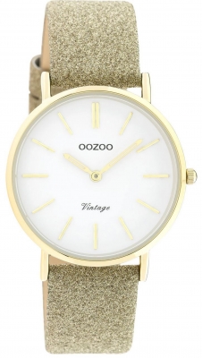 Oozoo Vintage Armbanduhr mit Glitzer Lederband 32 MM Goldfarben / Weiß / Goldfarben C20156