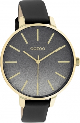 Oozoo Damenuhr mit Lederband 42 MM Goldfarben / Glitzer Zifferblatt / Schwarz C11034