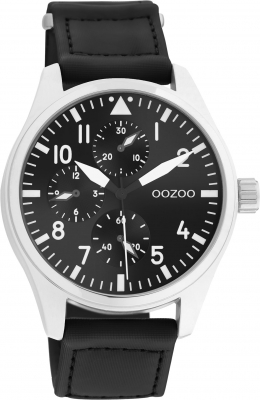 Oozoo Herrenuhr mit schwarzem Nylon Klett Armband 42 MM Silberfarben / Schwarz C11009