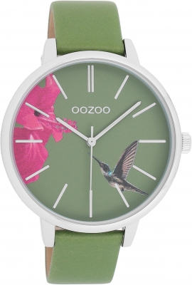 Oozoo Damenuhr mit Lederband 42 MM Colours of Summer Hibiskus und Kolibri Grün C11065