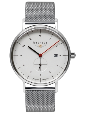 Bauhaus Herrenuhr mit Milanaiseband Quarz Datum dezentrale Sekunde Weiß / Silberfarben 2130M-1