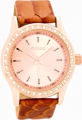 Oozoo Strass Damenuhr mit Lederband 43 MM Rosegoldfarben / Rosegoldfarben / Koralle C8007