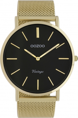 Oozoo Vintage Armbanduhr mit Edelstahl Milanaise Metallband 44 MM Schwarz / Goldfarben C9912