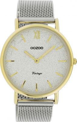 Oozoo Vintage Armbanduhr mit Edelstahl Milanaise Metallband 40 MM Goldfarben / Grau Glitzer C20117