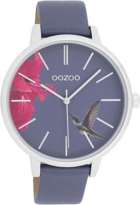 Oozoo Damenuhr mit Lederband 42 MM Colours of Summer Hibiskus und Kolibri Blauviolett C11069